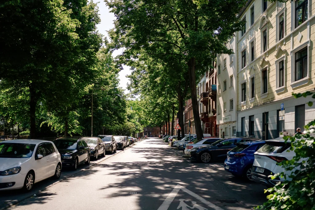 Ruhige, von großen Bäumen gesäumte Wohnstraße mit parkenden Autos in Mannheim.