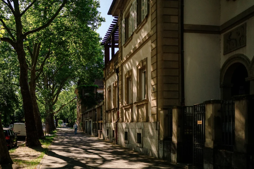 Historisches Wohnhaus an einer schattigen Straße mit alten Bäumen in Mannheim.