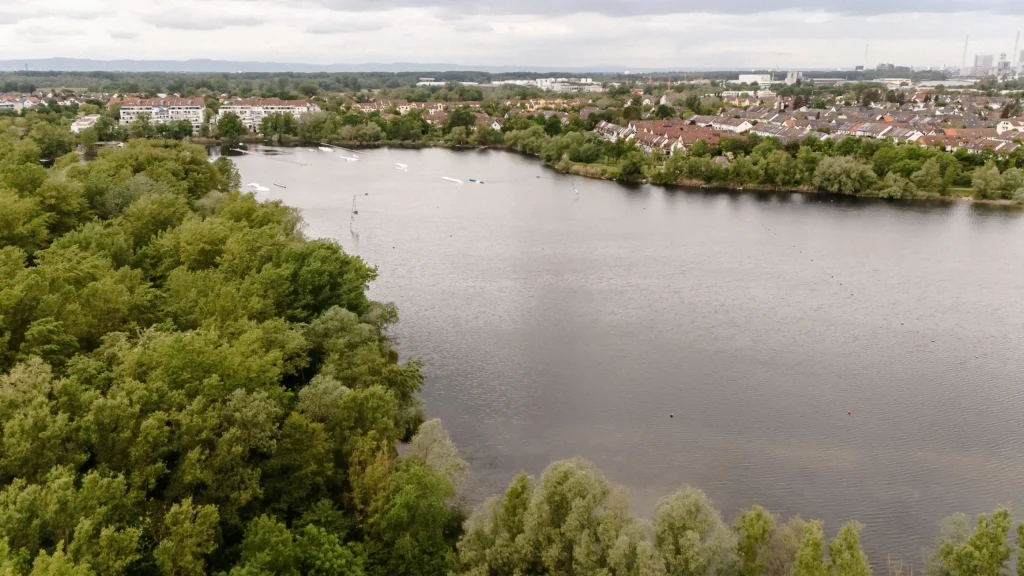 Luftaufnahme des Rheinauer Sees mit bewaldetem Ufer und Wohngebiet im Hintergrund.