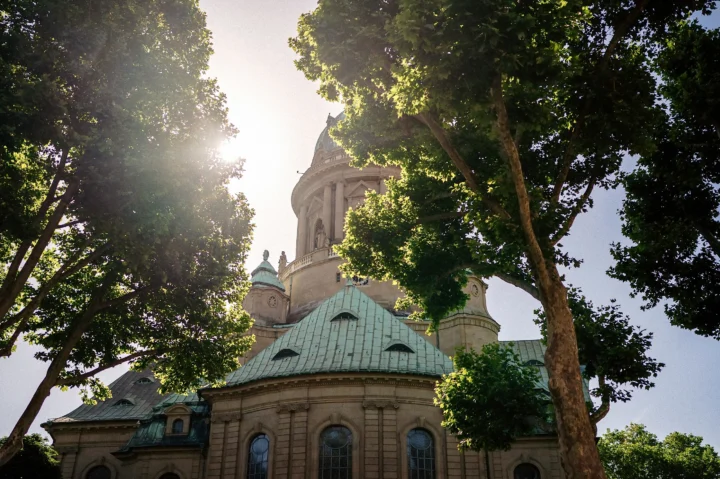 Blick auf die Christuskirche Mannheim mit kupfergrünem Dach und Turm, umgeben von hohen Bäumen im Gegenlicht der Sonne.