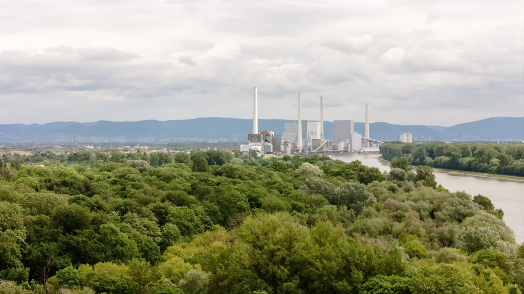 Ein Fluss schlängelt sich durch ein dicht bewaldetes Gebiet, im Hintergrund ist ein Industriekomplex mit mehreren Schornsteinen vor einer Hügellandschaft zu sehen.