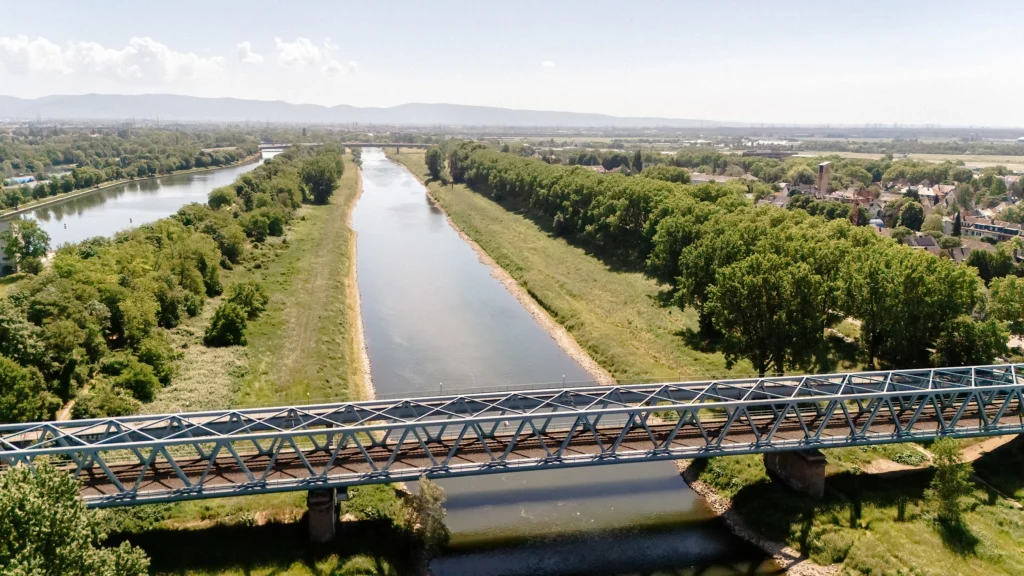 Eine Eisenbahnbrücke überspannt den Neckar, der durch eine von Bäumen und Wiesen geprägte Landschaft fließt.