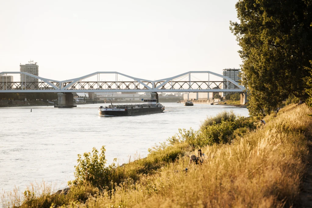 Ein Frachtschiff fährt auf einem Fluss auf eine Stahlbrücke zu, während am rechten Ufer Bäume und eine Uferböschung zu sehen sind.