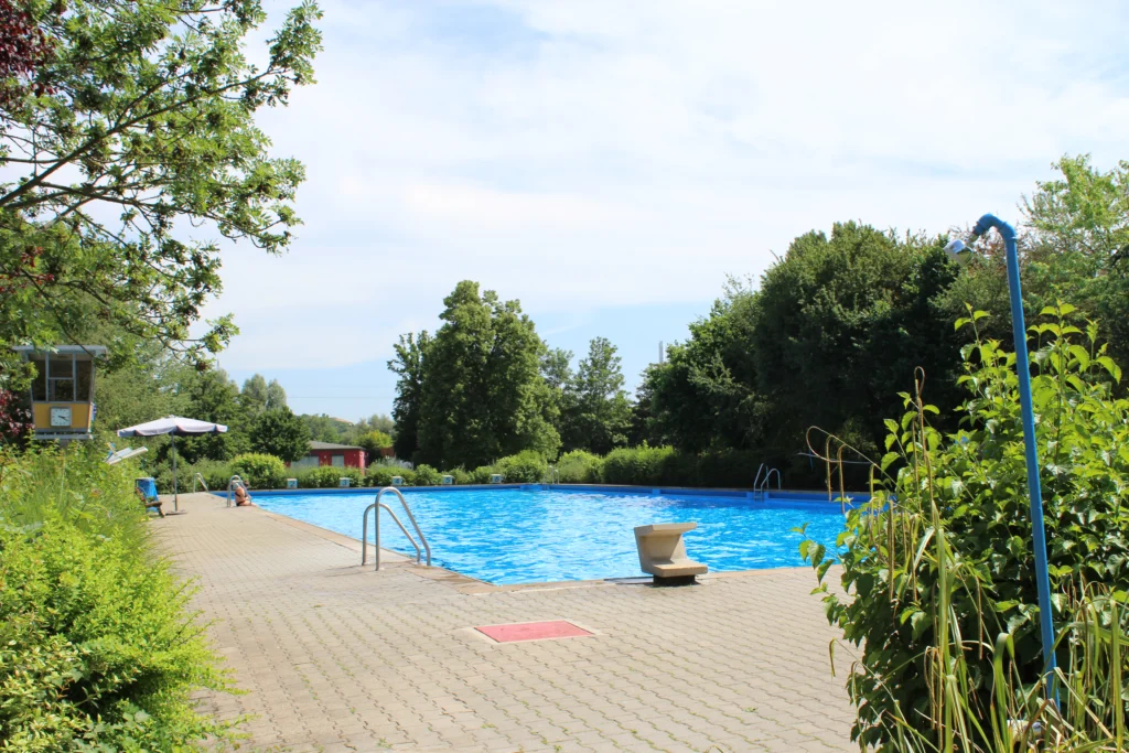 Ein rechteckiges Freibadbecken mit Sprungbrett und Leitern ist von Bäumen, Hecken und gepflasterten Wegen umgeben.